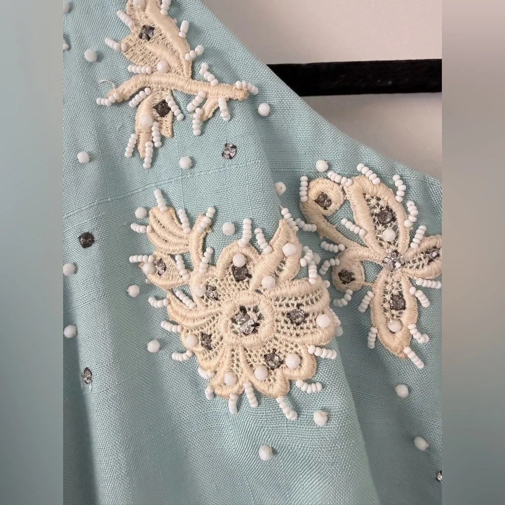 Vintage 50s 60s Baby Blue Hand Beaded Sheath Dress Lace Rhinestone Cocktail M/L - Picture 2 of 16